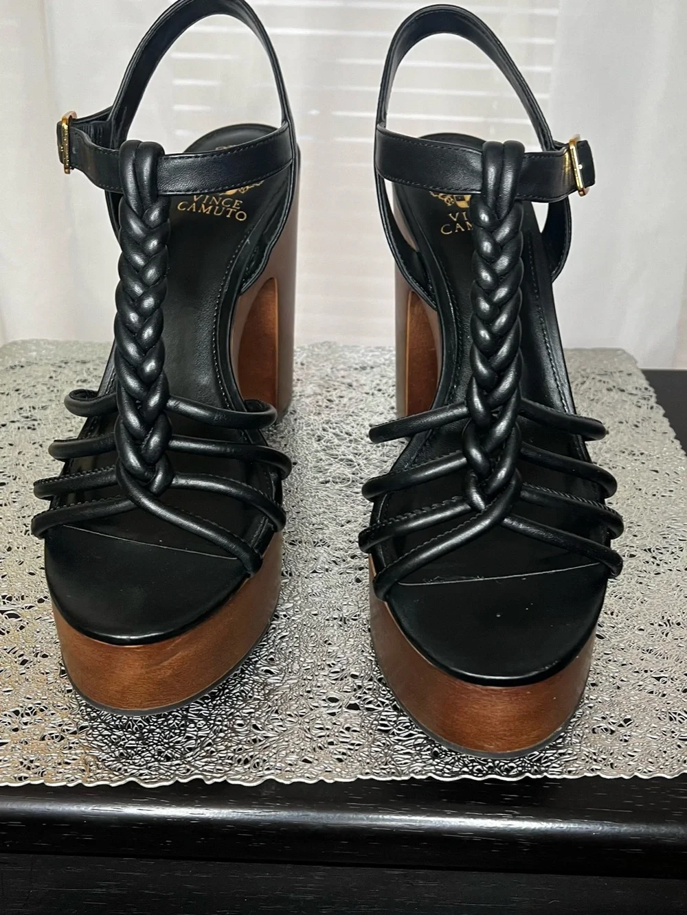 Vince Camuto Black Braided T-Strap Platform Sandal with Wood-Look Heel